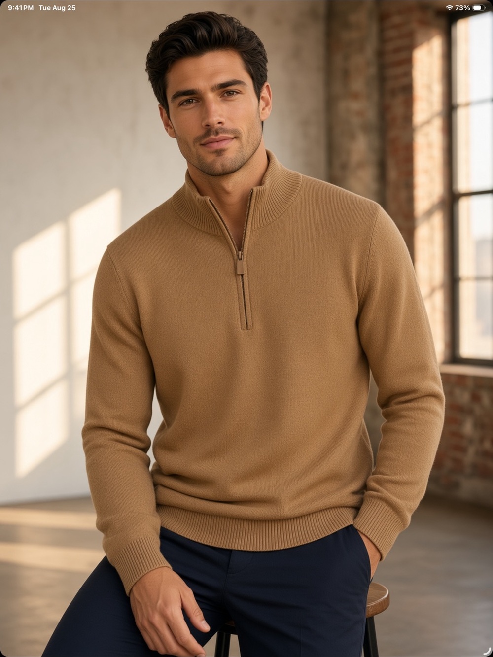 Calvin Klein Men's Tan Quarter-Zip wool blend Sweater